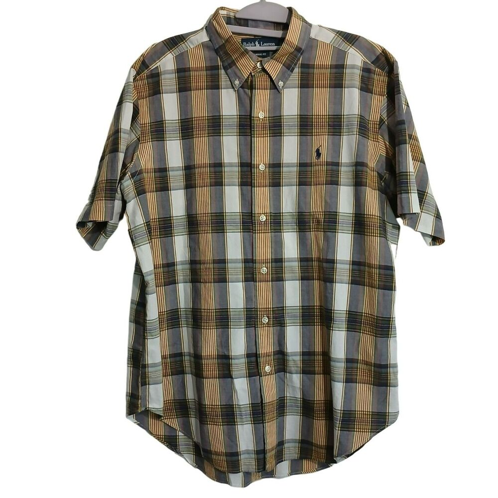 Ralph Lauren L Classic Fit Shirt Yellow Plaid Short Sleeve Button-Down